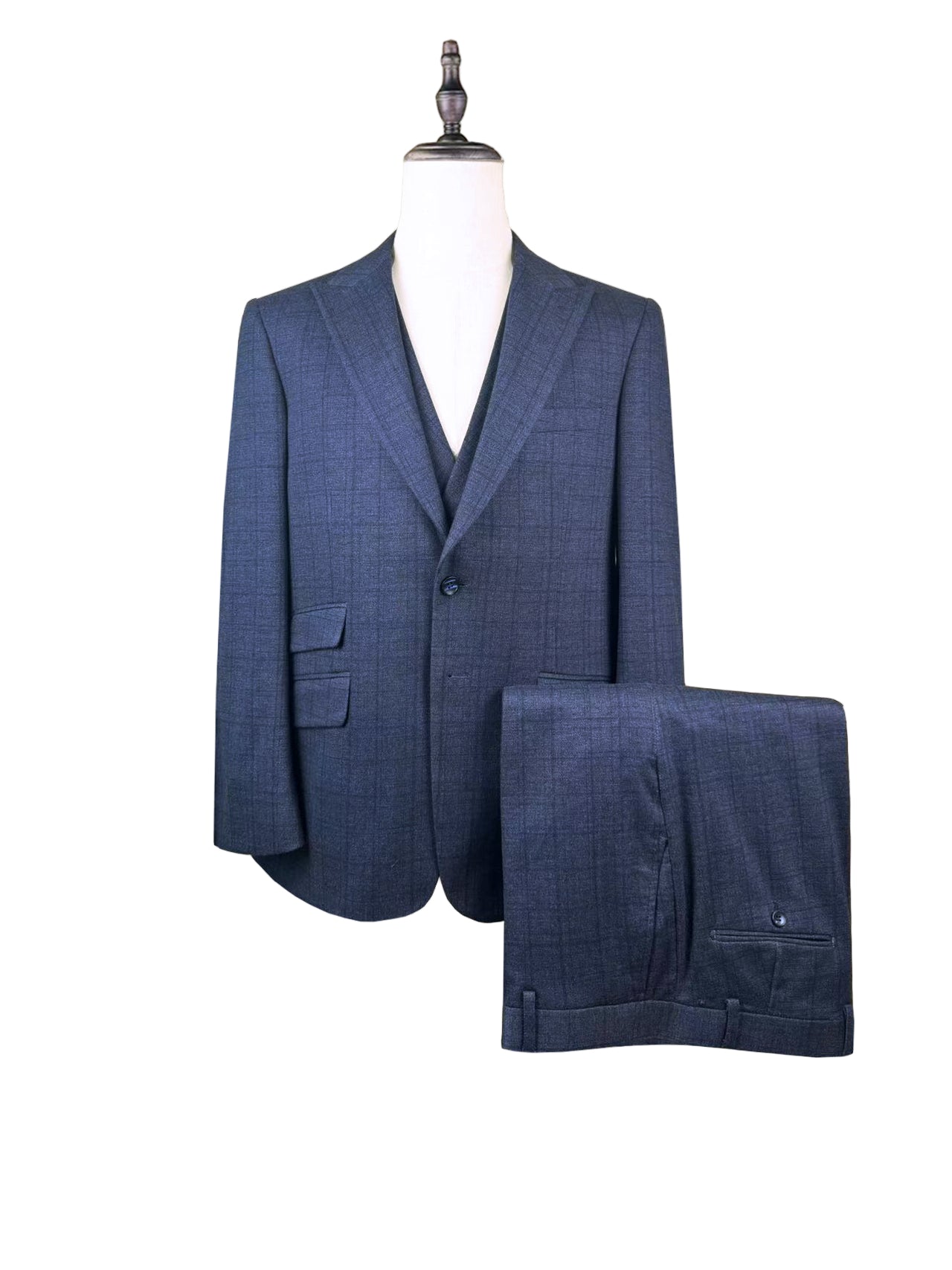 Navy blue suit on a mannequin with 'NPV-7133 NAVY' and 'BULK SAMPLE' text.