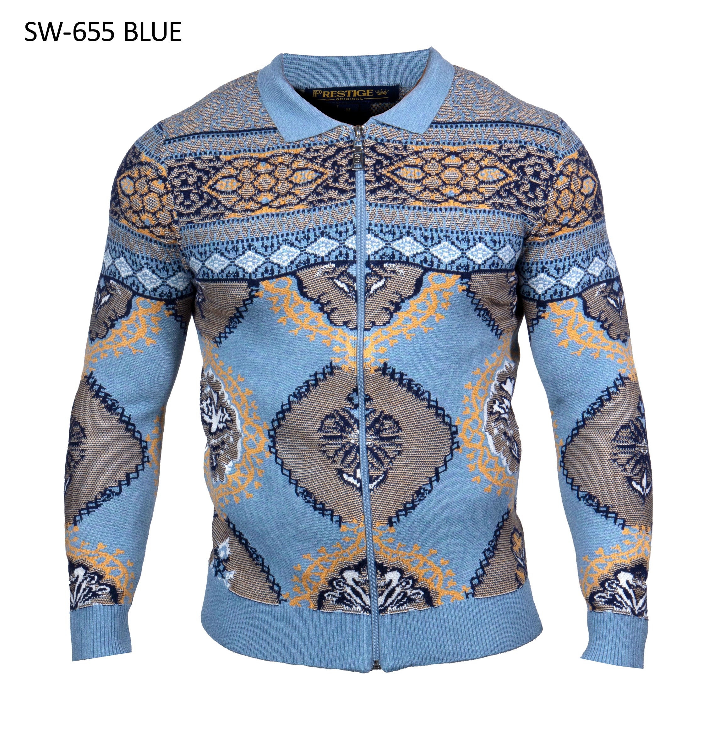 Blue patterned sweater with a visible brand logo on a white background