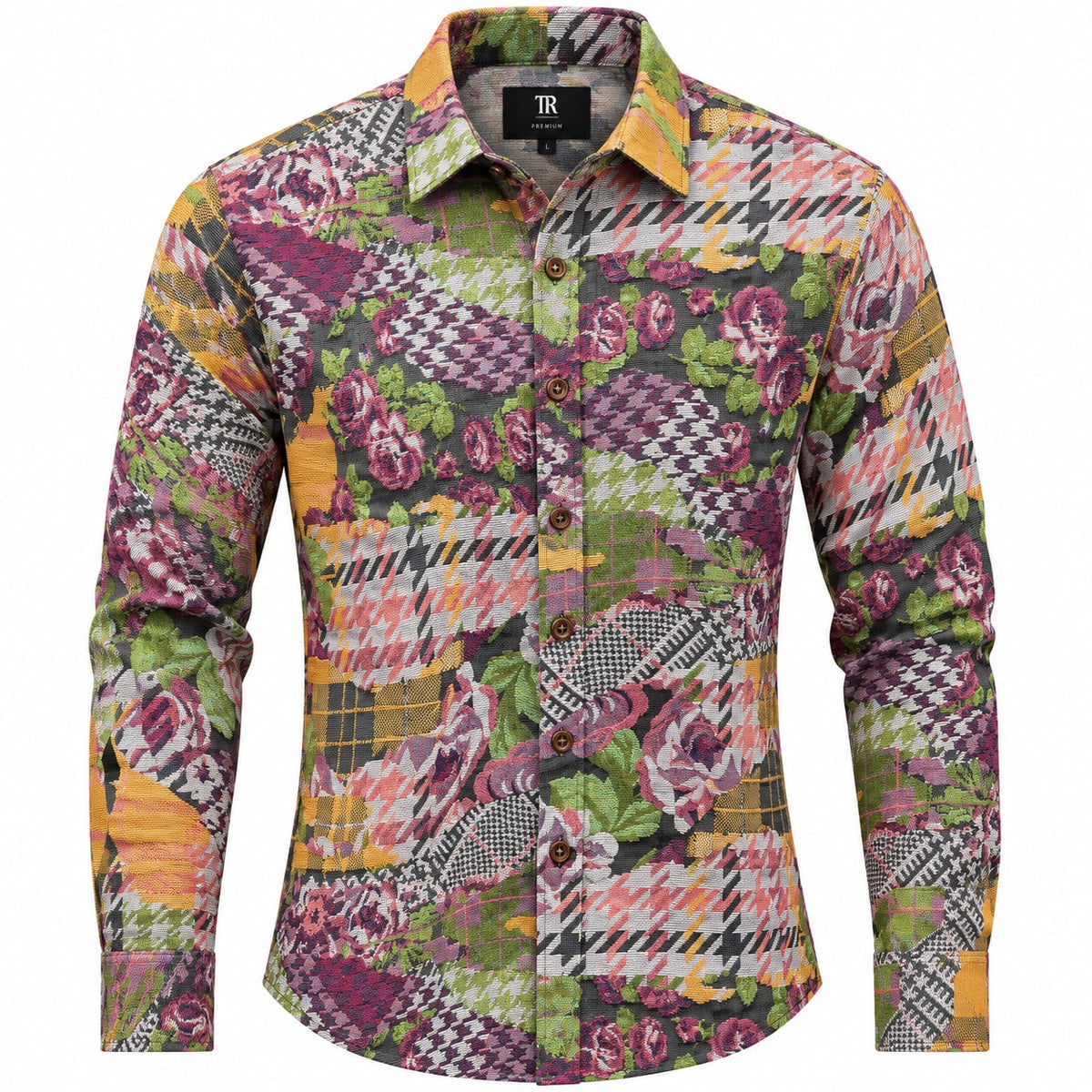 T.R Tapestry Shirt - Multi (SRK-51), front view of multicolor floral and geometric woven design