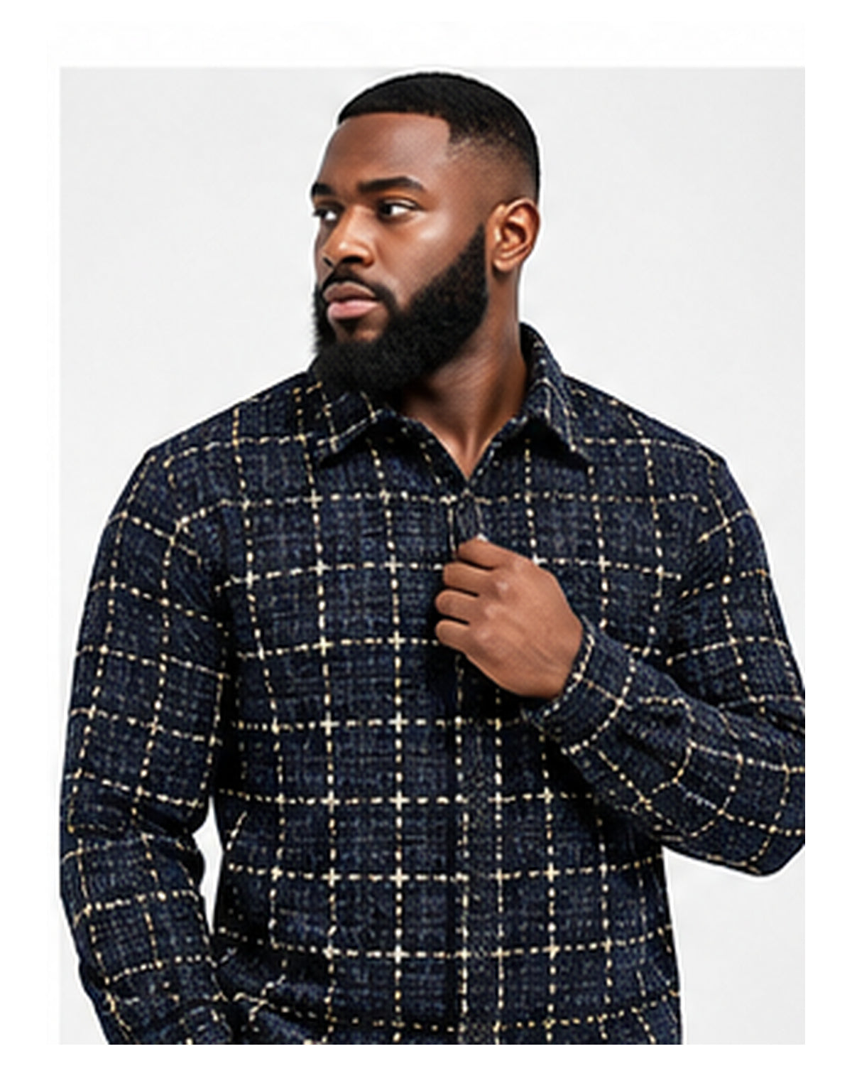 Black male model wearing navy T.R TRST-509 shirt upper-body detail