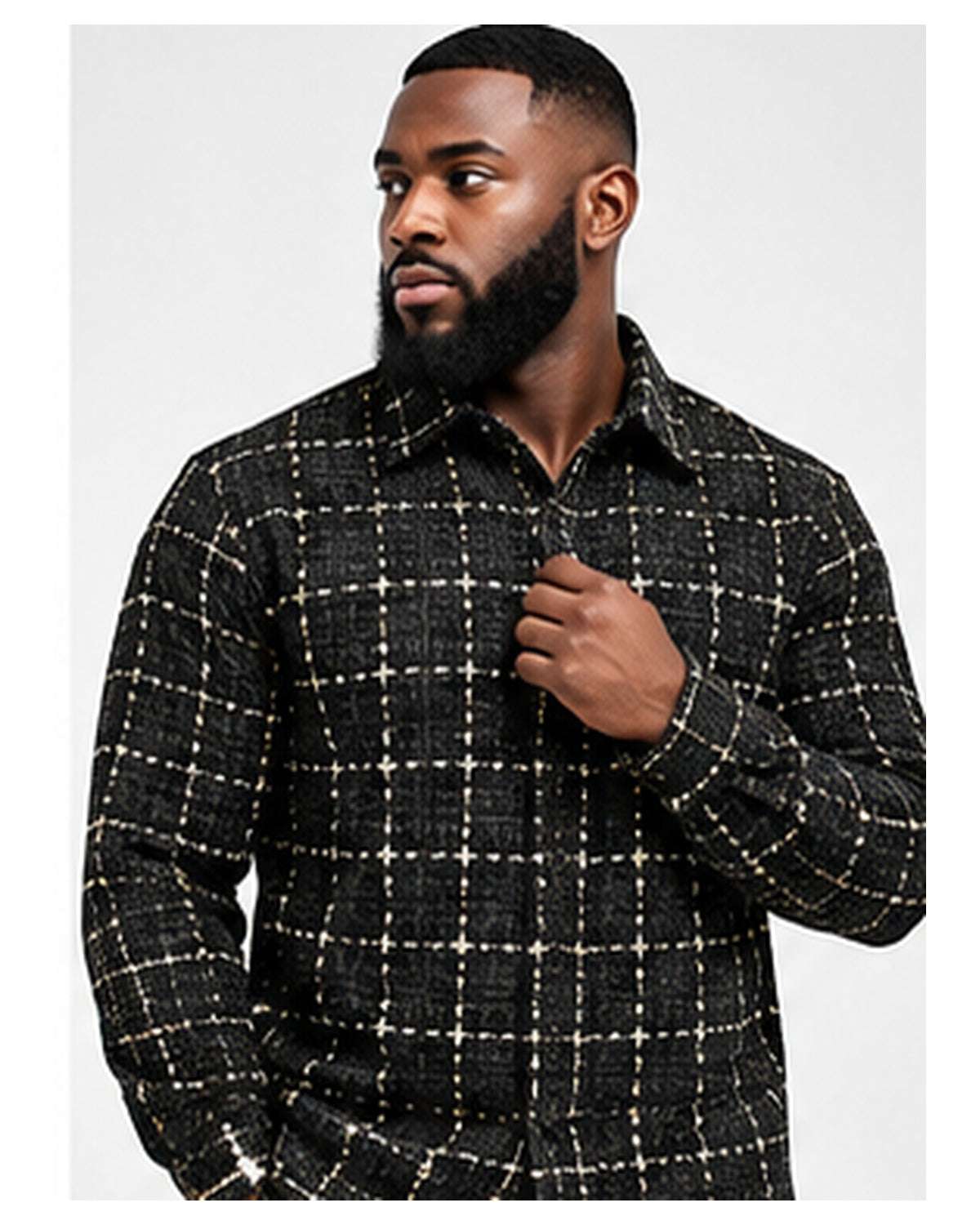 Black male model in T.R TRST-513 black gold windowpane shirt close-up