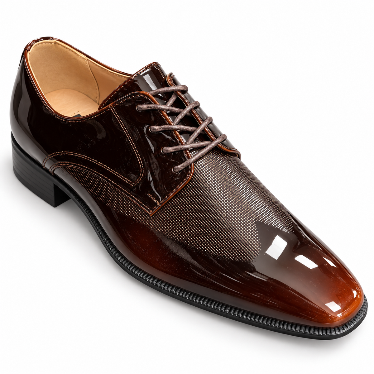 After Midnight 7073 brown glossy lace-up dress shoe with fine patterned vamp, three-quarter view