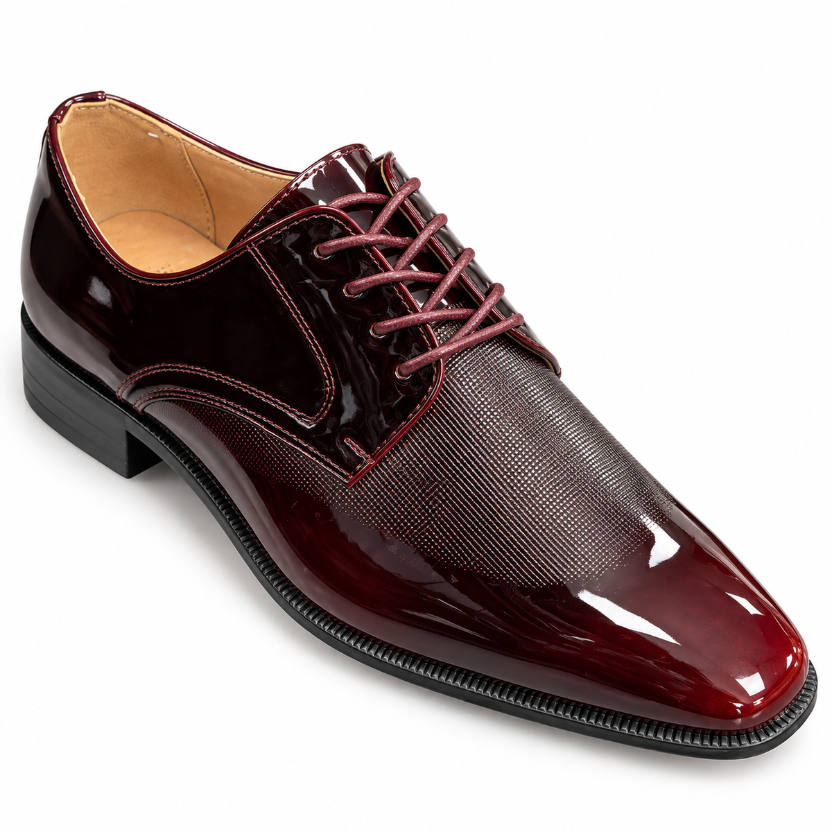 After Midnight 7073 burgundy glossy lace-up dress shoe with fine patterned vamp, three-quarter view