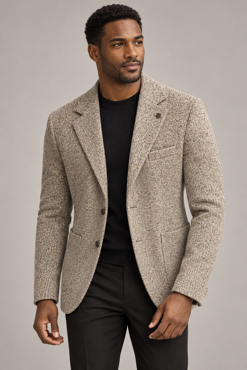 Beige A.K. textured stretch wool-blend two-button blazer on model