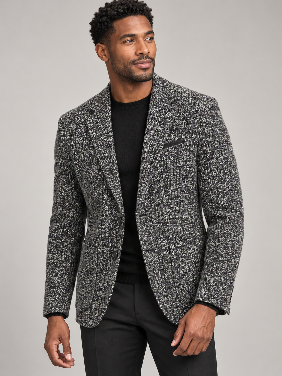 Black A.K. textured stretch wool-blend two-button blazer on model