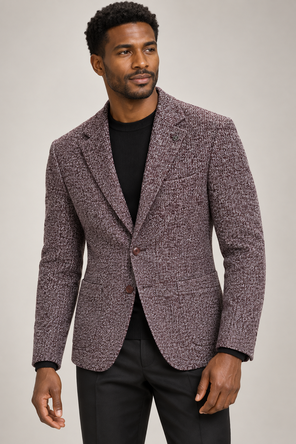 Burgundy A.K. textured stretch wool-blend two-button blazer on model