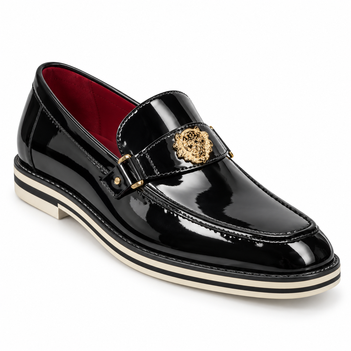 Ashford ASH3 Black glossy moc-toe loafer with gold-tone lion detail and striped sole