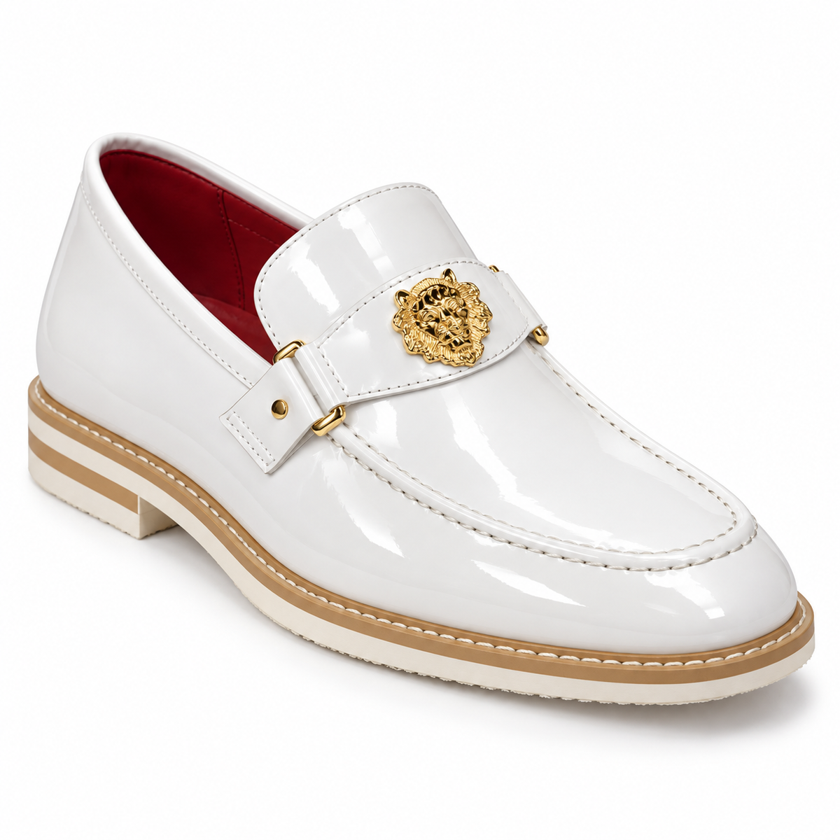 Ashford ASH3 White glossy moc-toe loafer with gold-tone lion detail and striped sole