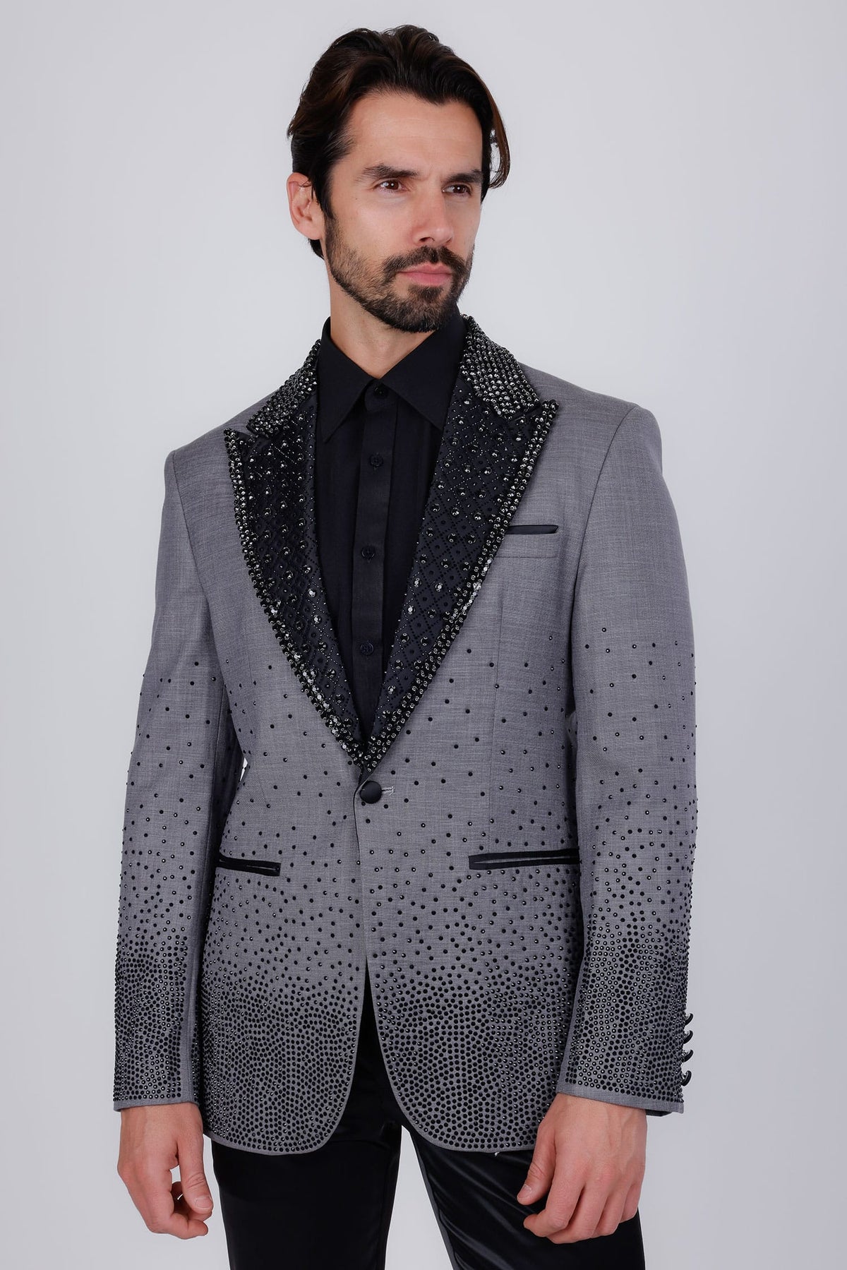 Barabas Rhinestone Blazer (2EBL3) in Gray, full front view with black rhinestone peak lapels