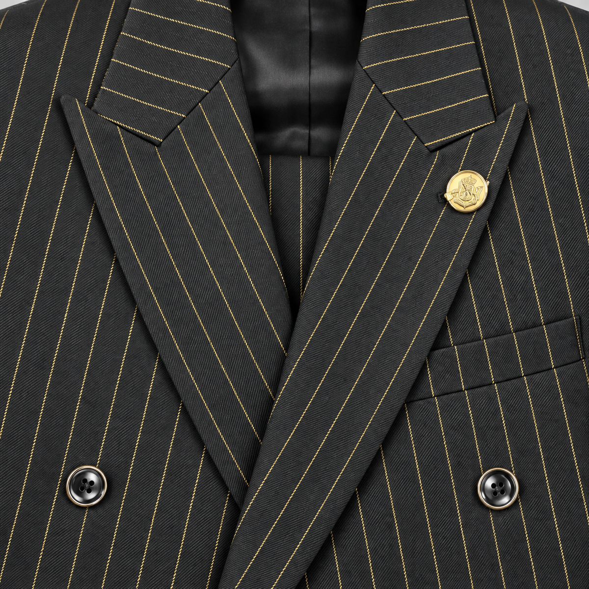 Barabas Palma 5SU39 black suit detail showing gold pinstripes, peak lapels and double-breasted buttons