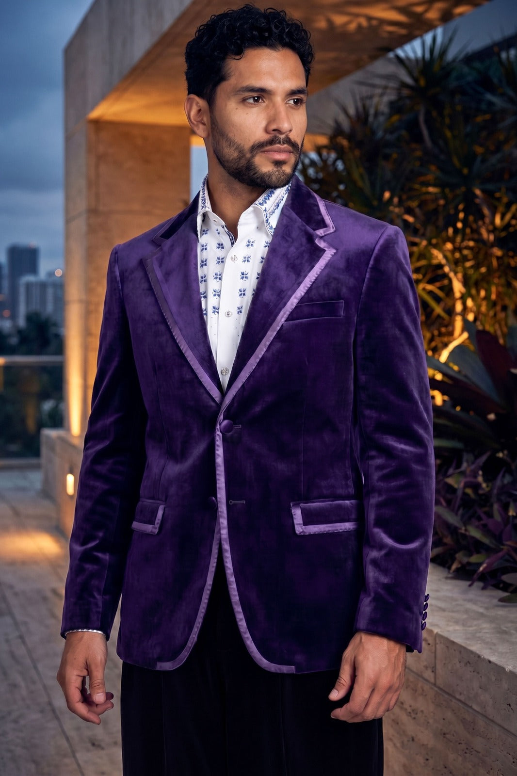 Barabas Velvet Satin Trim Blazer in purple