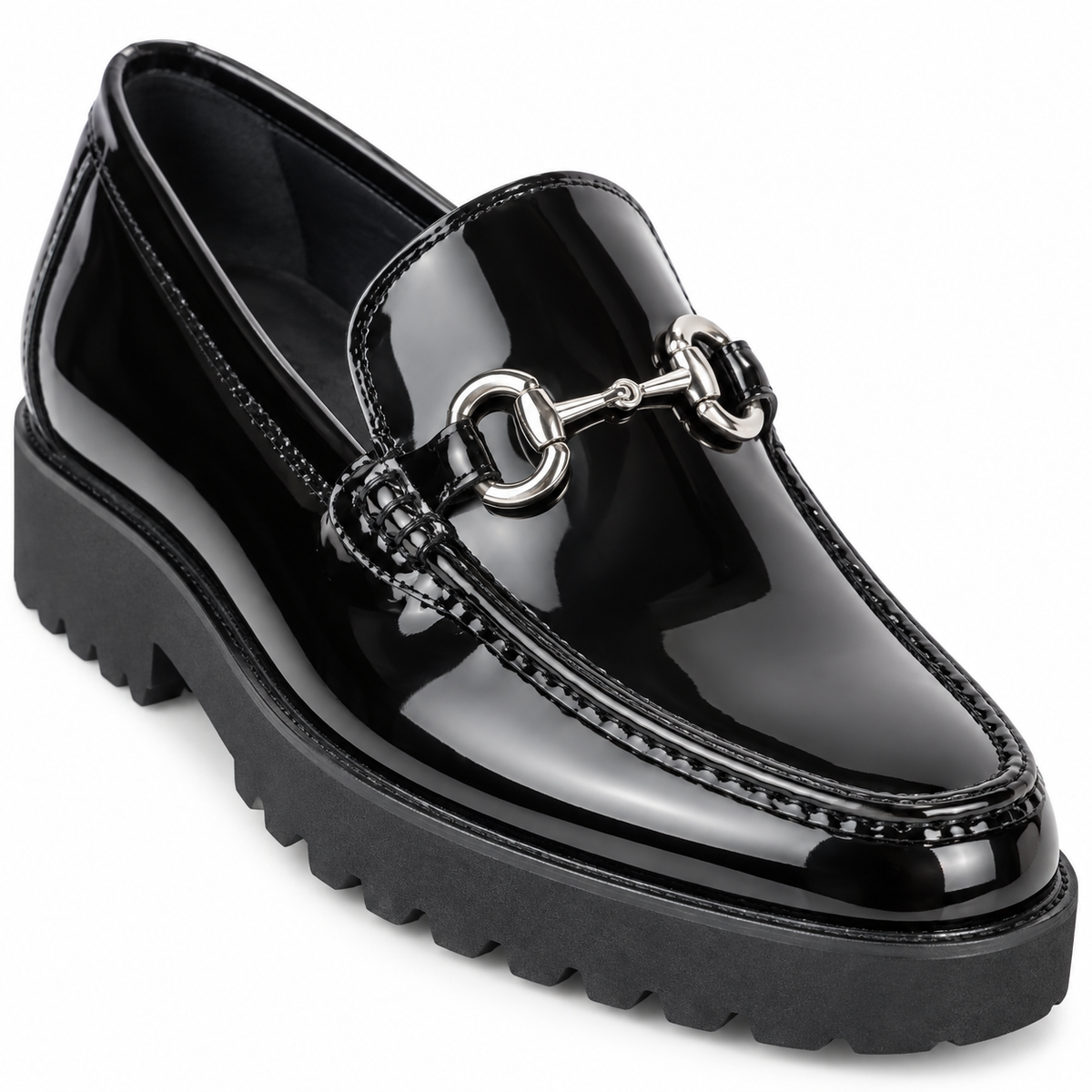 Carrucci KS201-01PB black patent loafer, silver horsebit and apron stitching detail