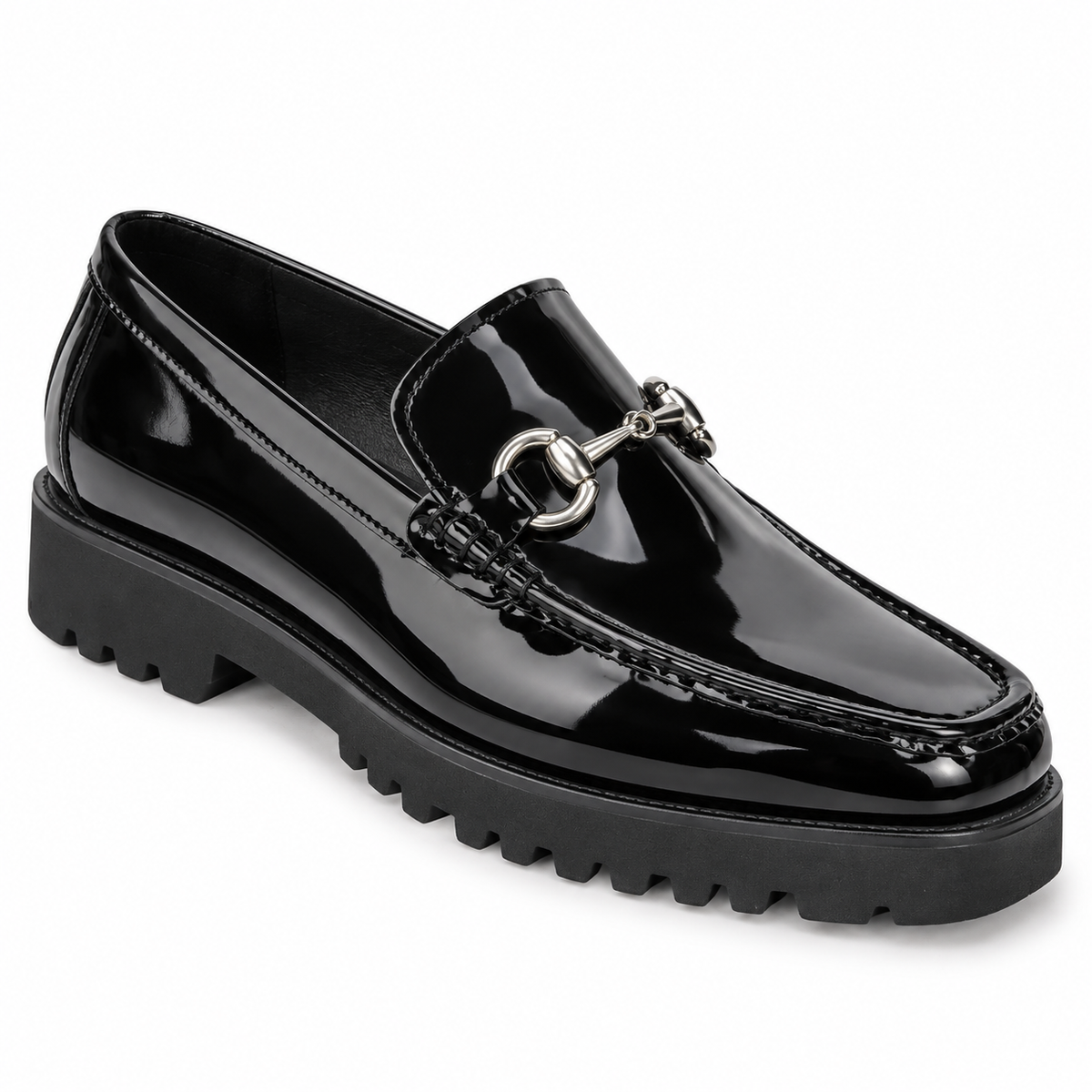 Carrucci KS201-01PB black patent horsebit loafer with silver hardware and lug sole, studio full view