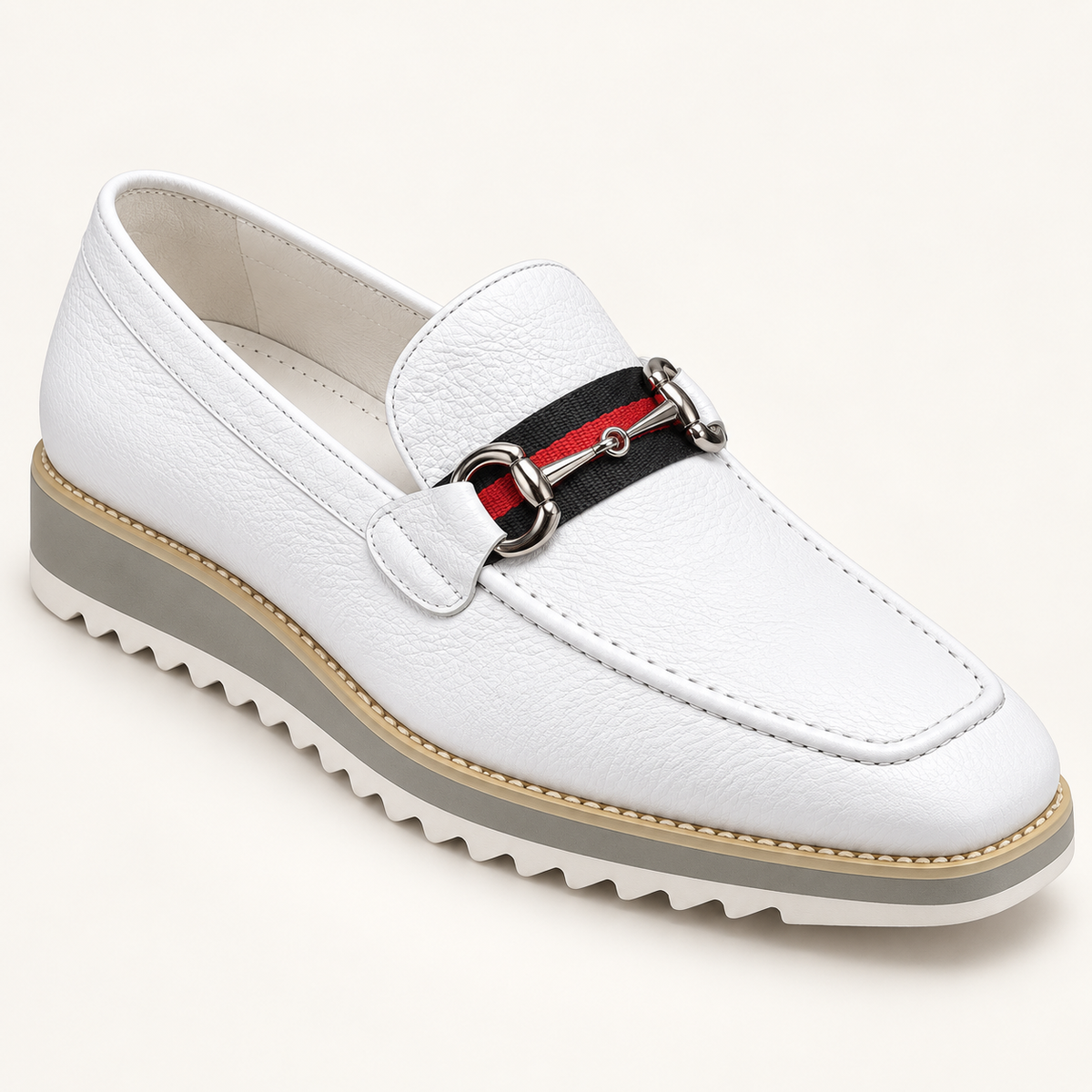 Carrucci KS515-07R White leather horsebit loafer with red and black strap and white wedge sole