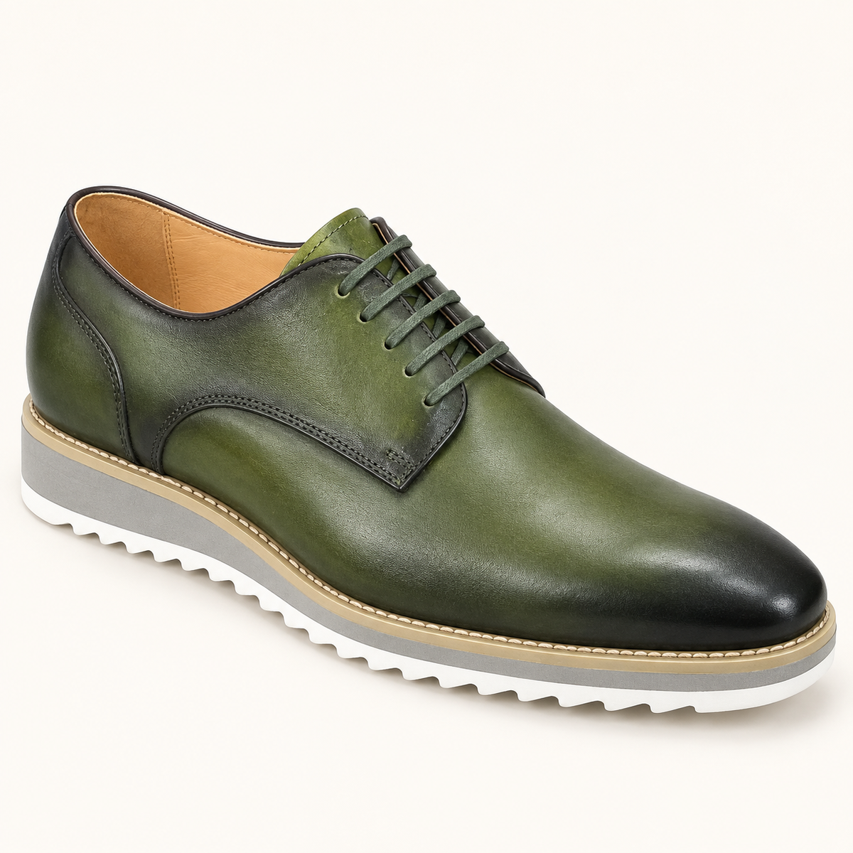 Carrucci KS515-26 Olive leather lace-up shoe with plain toe and white wedge outsole