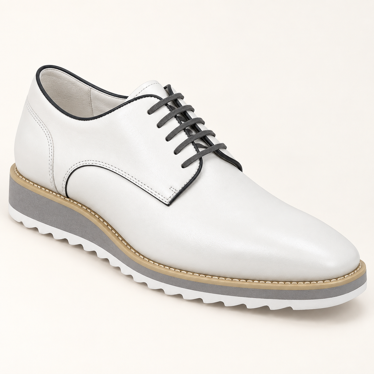 Carrucci KS515-26 White leather lace-up shoe with plain toe and white wedge outsole