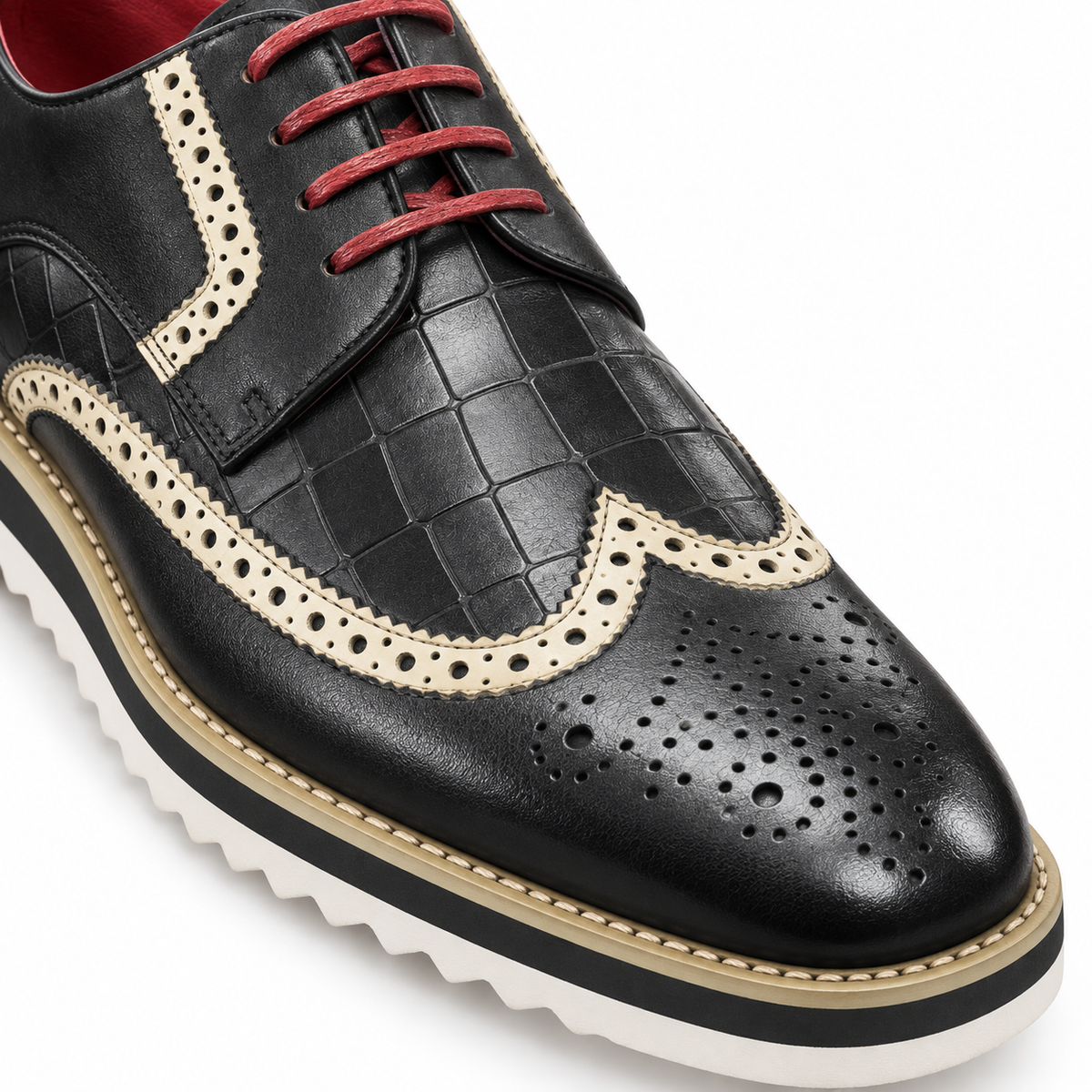 Carrucci KS515-35 Black croco embossed wingtip shoe — texture and wingtip detail