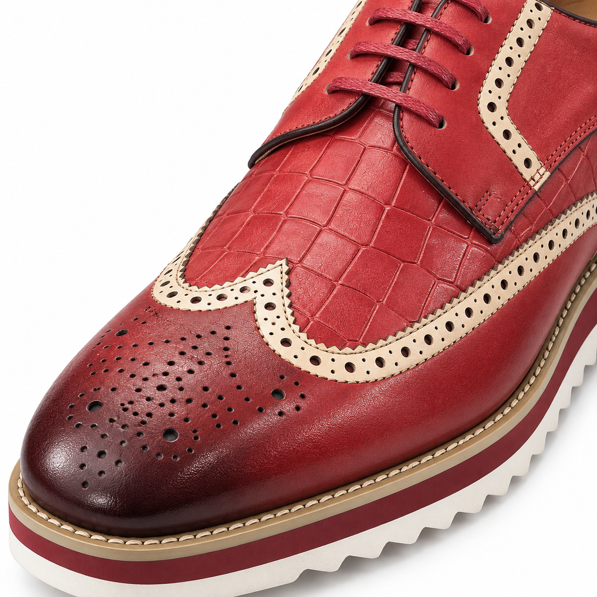 Carrucci KS515-35 Burgandy croco embossed wingtip shoe — texture and wingtip detail