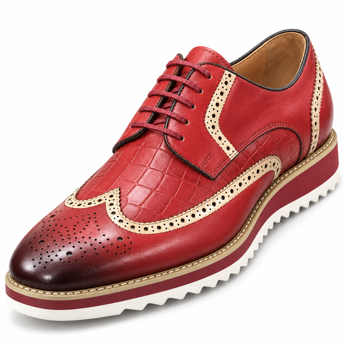 Carrucci KS515-35 Burgandy croco embossed wingtip shoe — full view