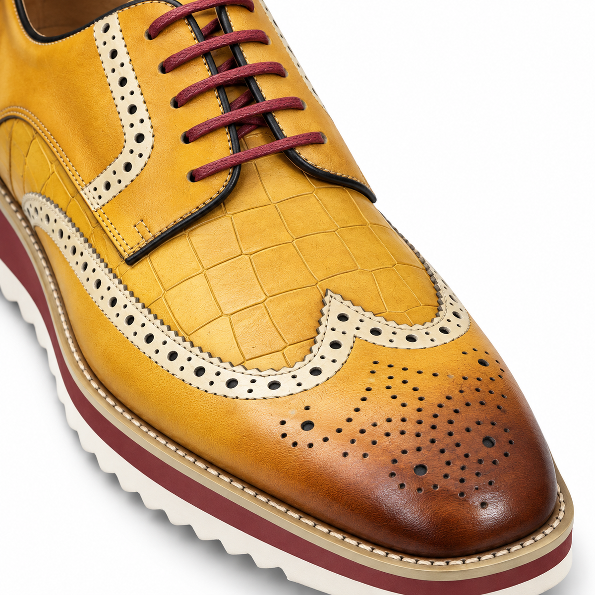 Carrucci KS515-35 Camel croco embossed wingtip shoe — texture and wingtip detail