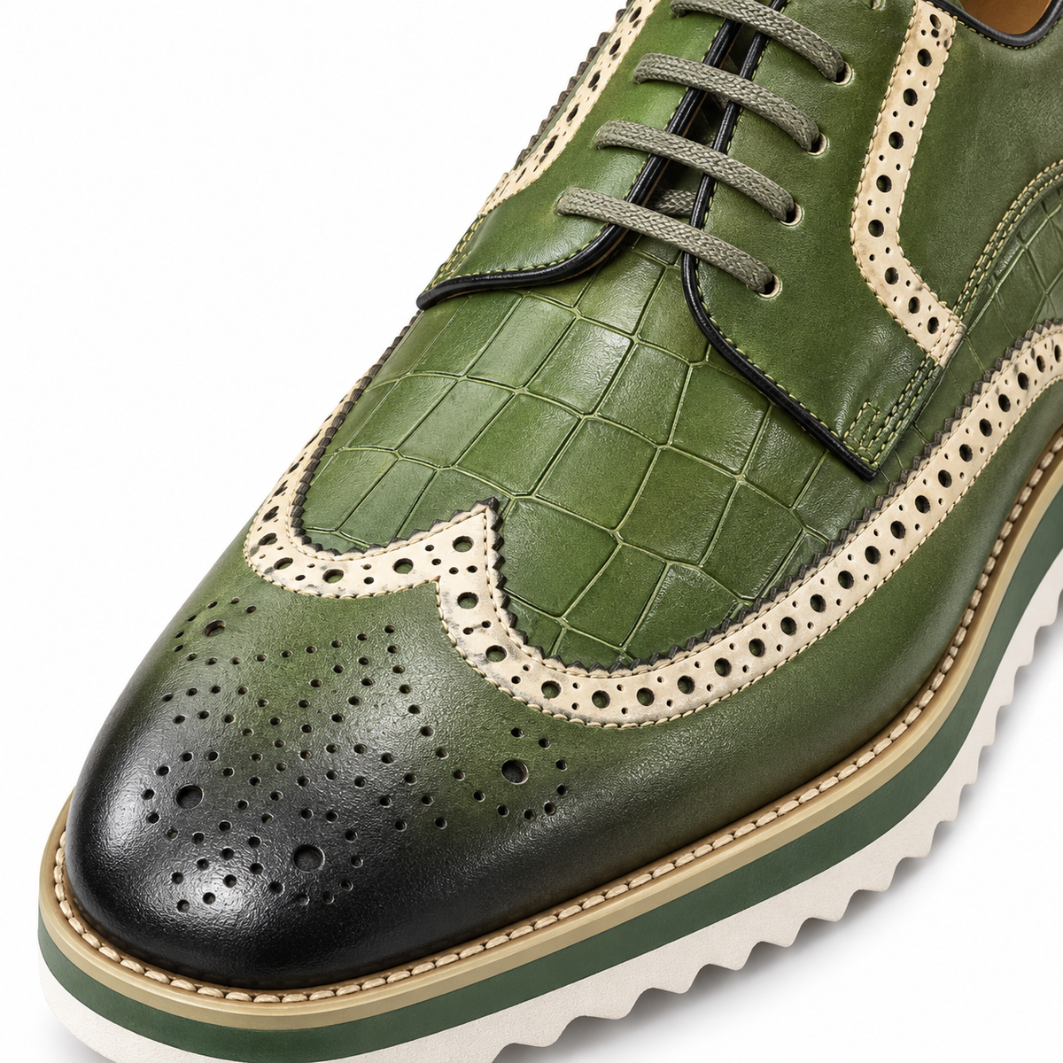 Carrucci KS515-35 Green croco embossed wingtip shoe — texture and wingtip detail