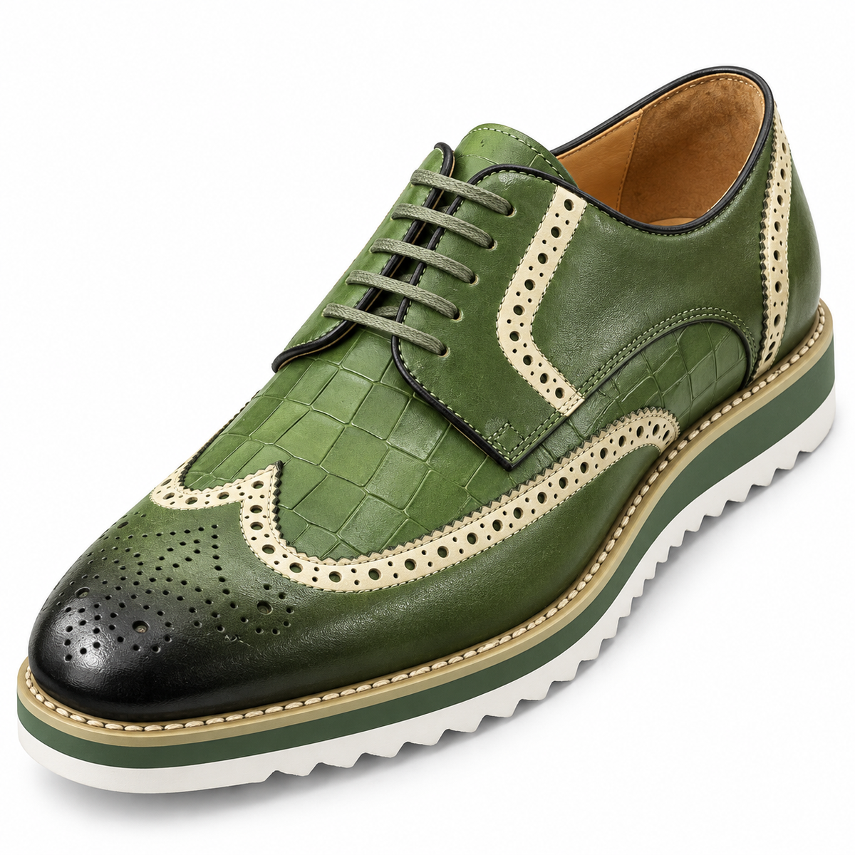 Carrucci KS515-35 Green croco embossed wingtip shoe — full view