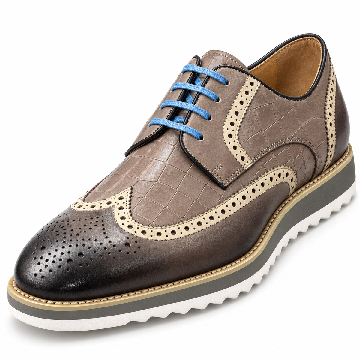 Carrucci KS515-35 Grey croco embossed wingtip shoe — full view
