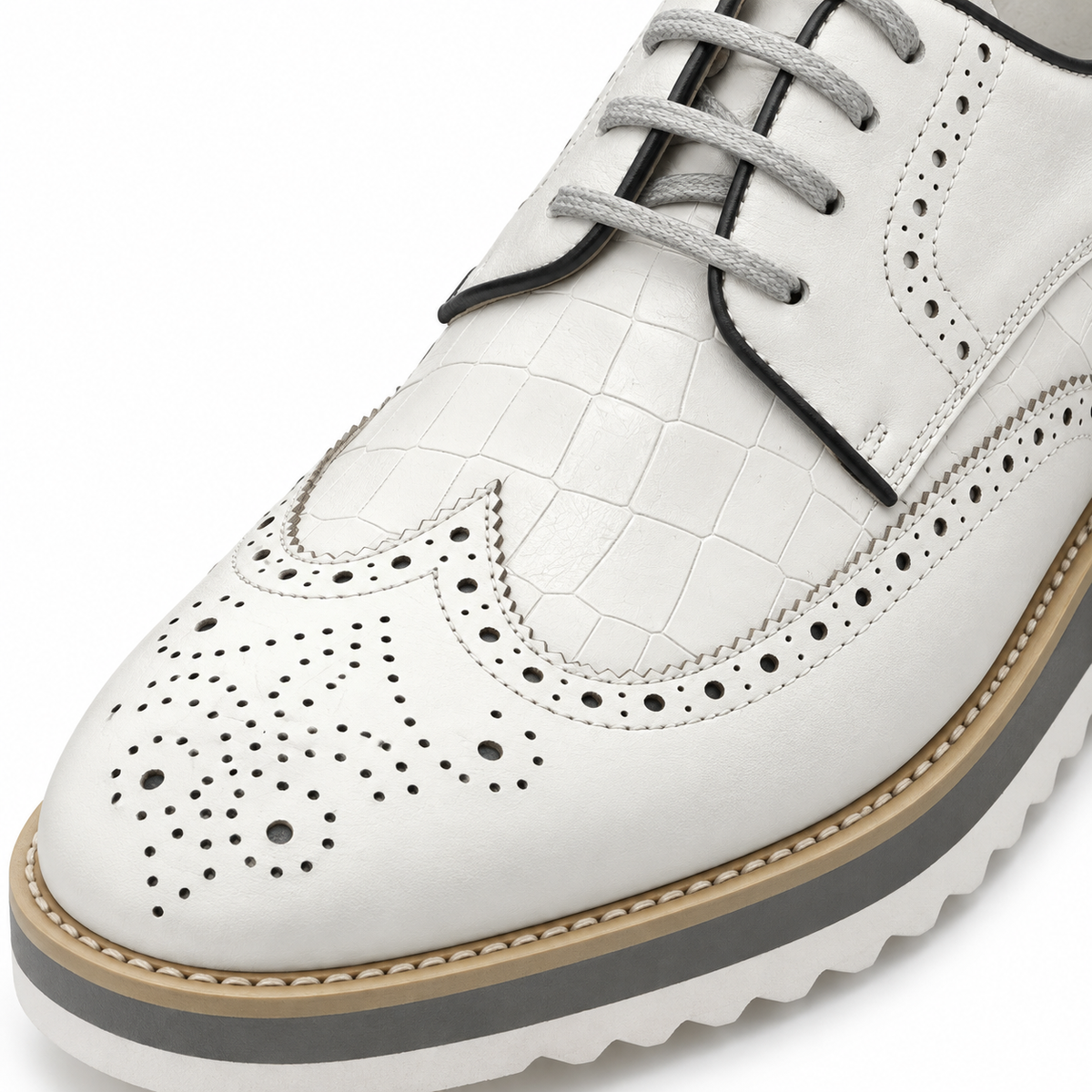 Carrucci KS515-35 White croco embossed wingtip shoe — texture and wingtip detail