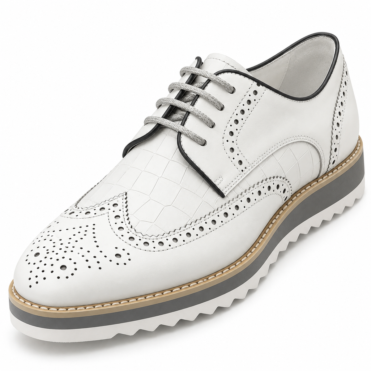 Carrucci KS515-35 White croco embossed wingtip shoe — full view