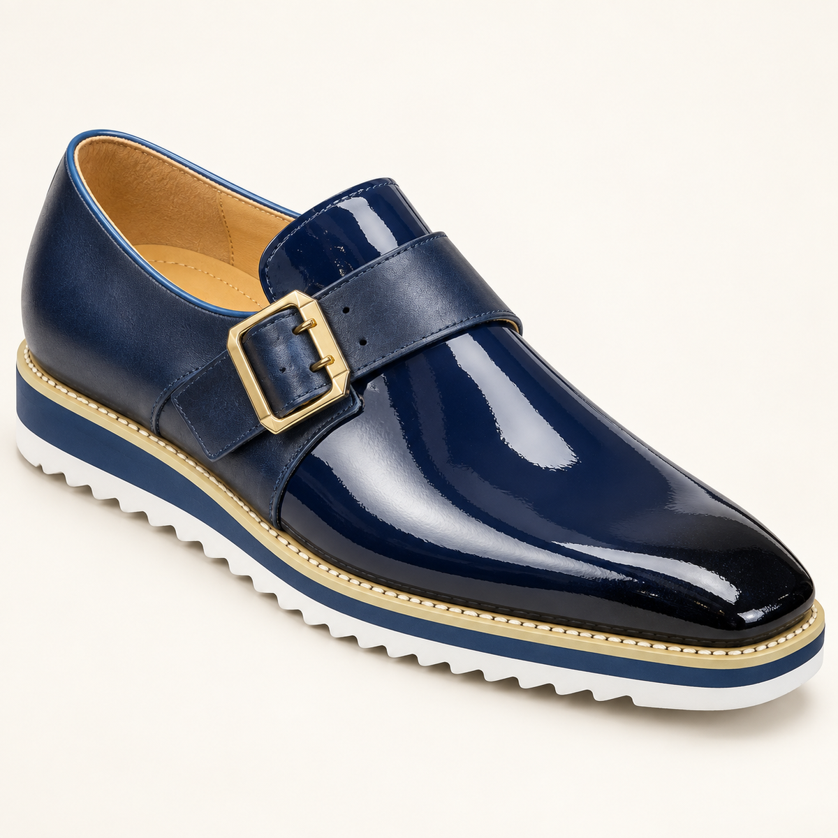 Carrucci KS515-38P Blue patent-shine leather monkstrap loafer — full shoe with buckle and white wedge sole
