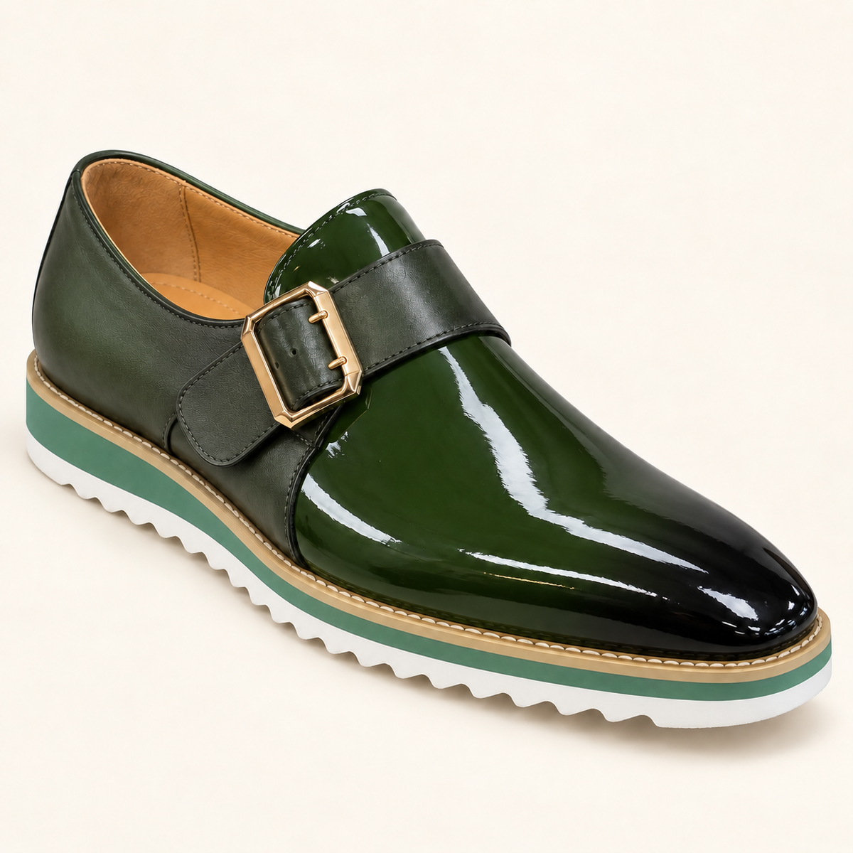 Carrucci KS515-38P Green patent-shine genuine leather monkstrap loafer with gold buckle and white wedge sole