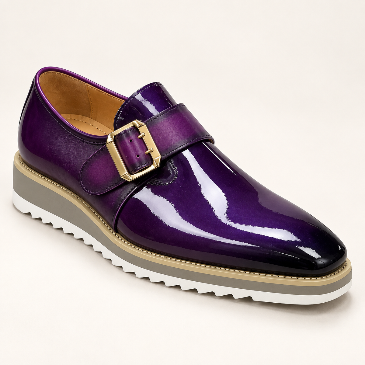 Carrucci KS515-38P Purple patent-shine genuine leather monkstrap loafer with buckle and white wedge sole