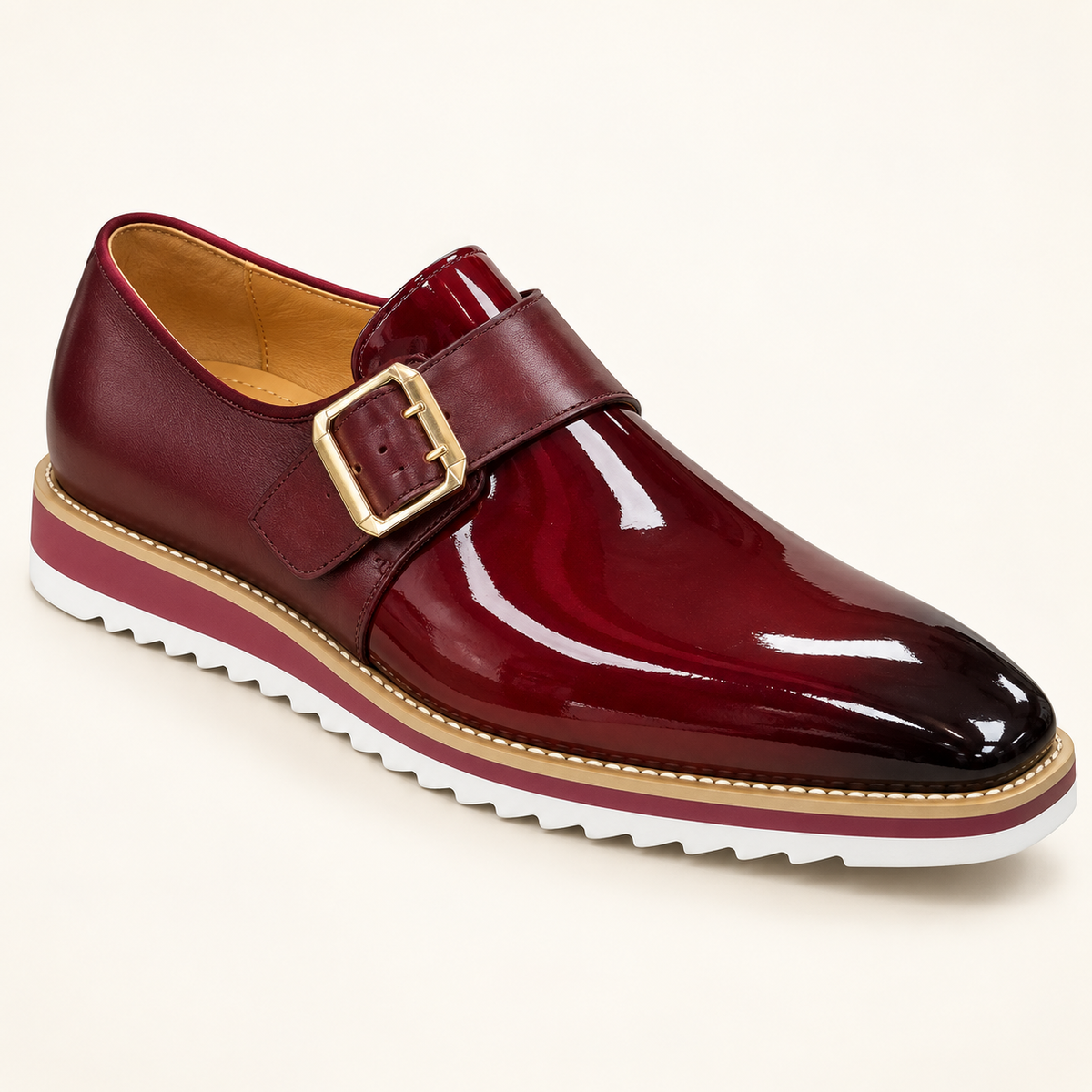 Carrucci KS515-38P Red patent-shine genuine leather monkstrap loafer with buckle and white wedge sole