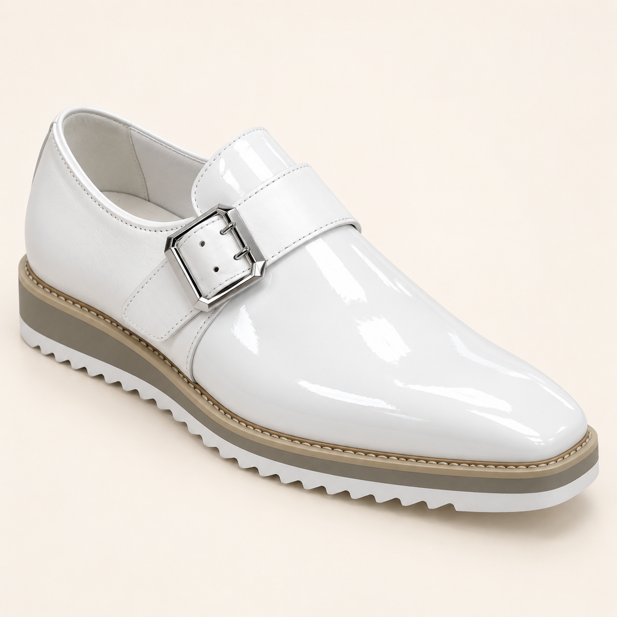 Carrucci KS515-38P White patent-shine genuine leather monkstrap loafer with buckle and white wedge sole