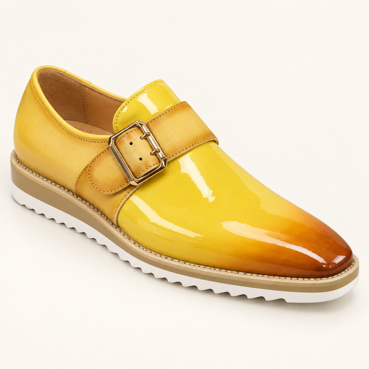 Carrucci KS515-38P Yellow patent-shine genuine leather monkstrap loafer with buckle and white wedge sole