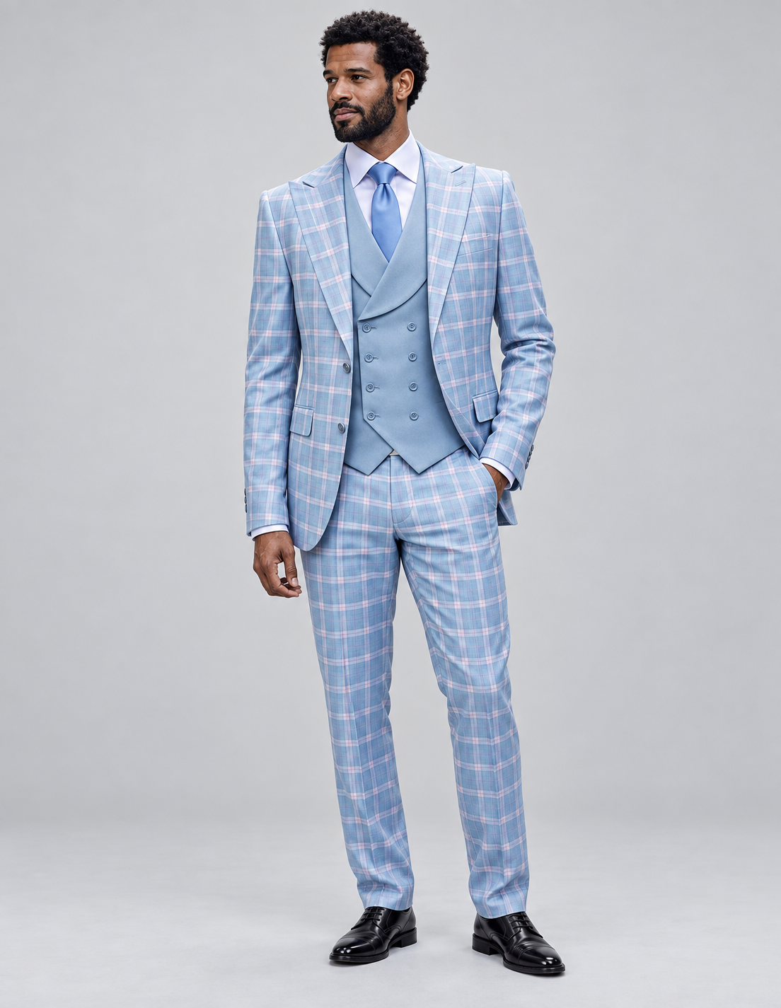Statement Diego three-piece suit in Aqua, full-length model view