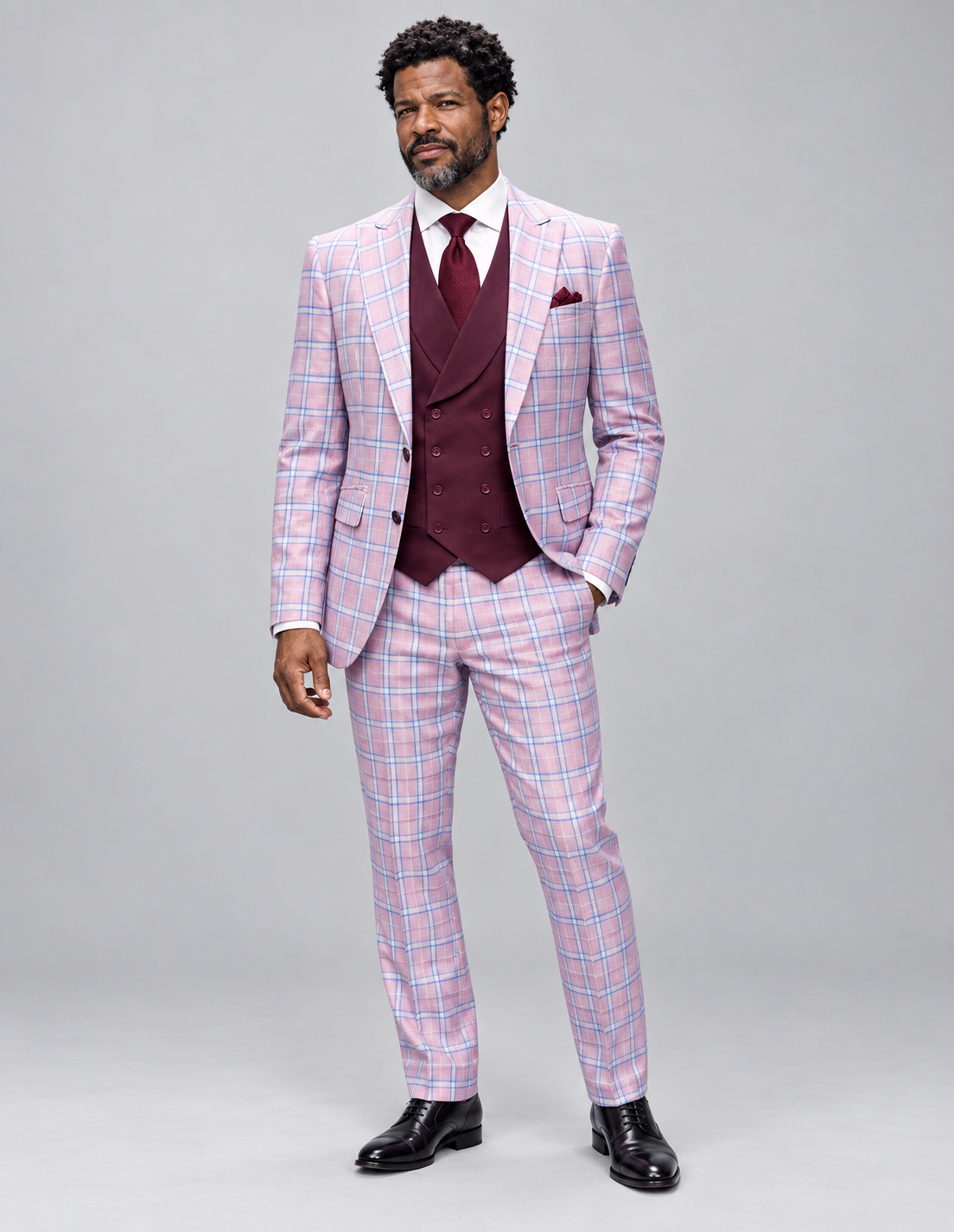 Statement Diego three-piece suit in Mauve, full-length model view