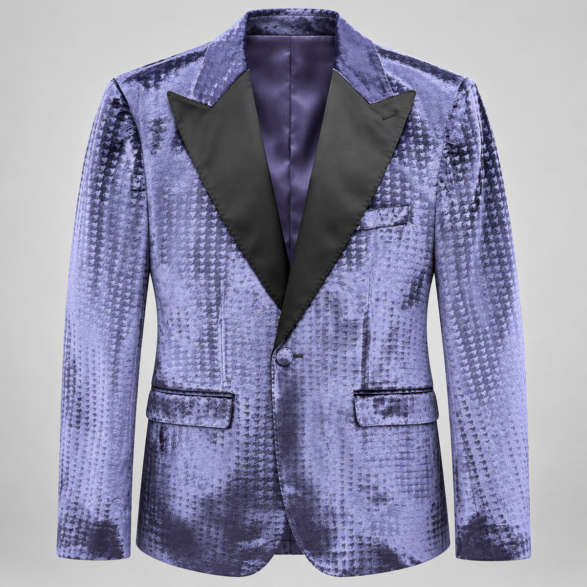 Full front view of Giovanni Testi GT1PX-9525 lavender houndstooth velvet jacket with black satin peak lapels