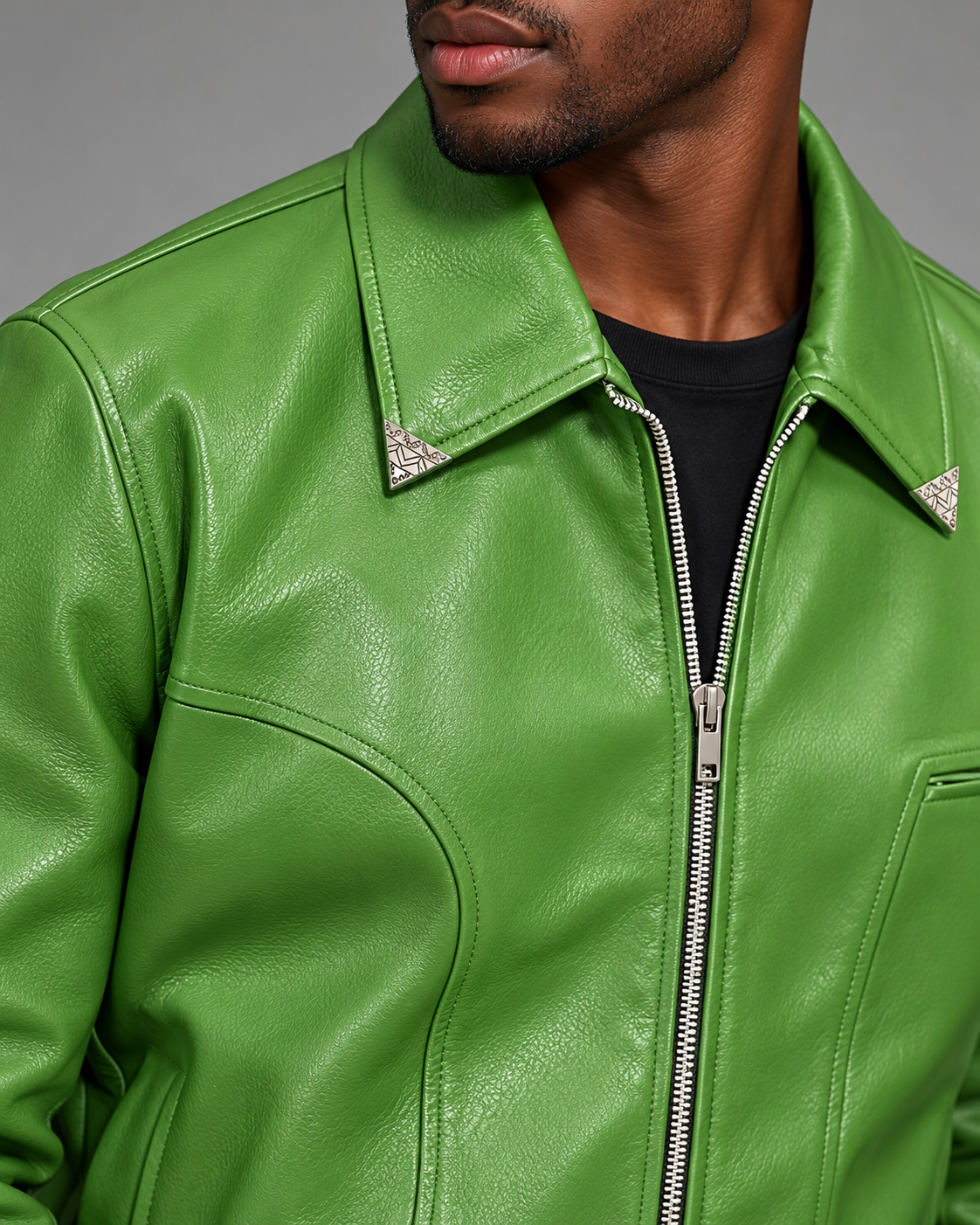 Giovanni Testi Light Olive faux leather zip suit close-up with engraved silver collar tips