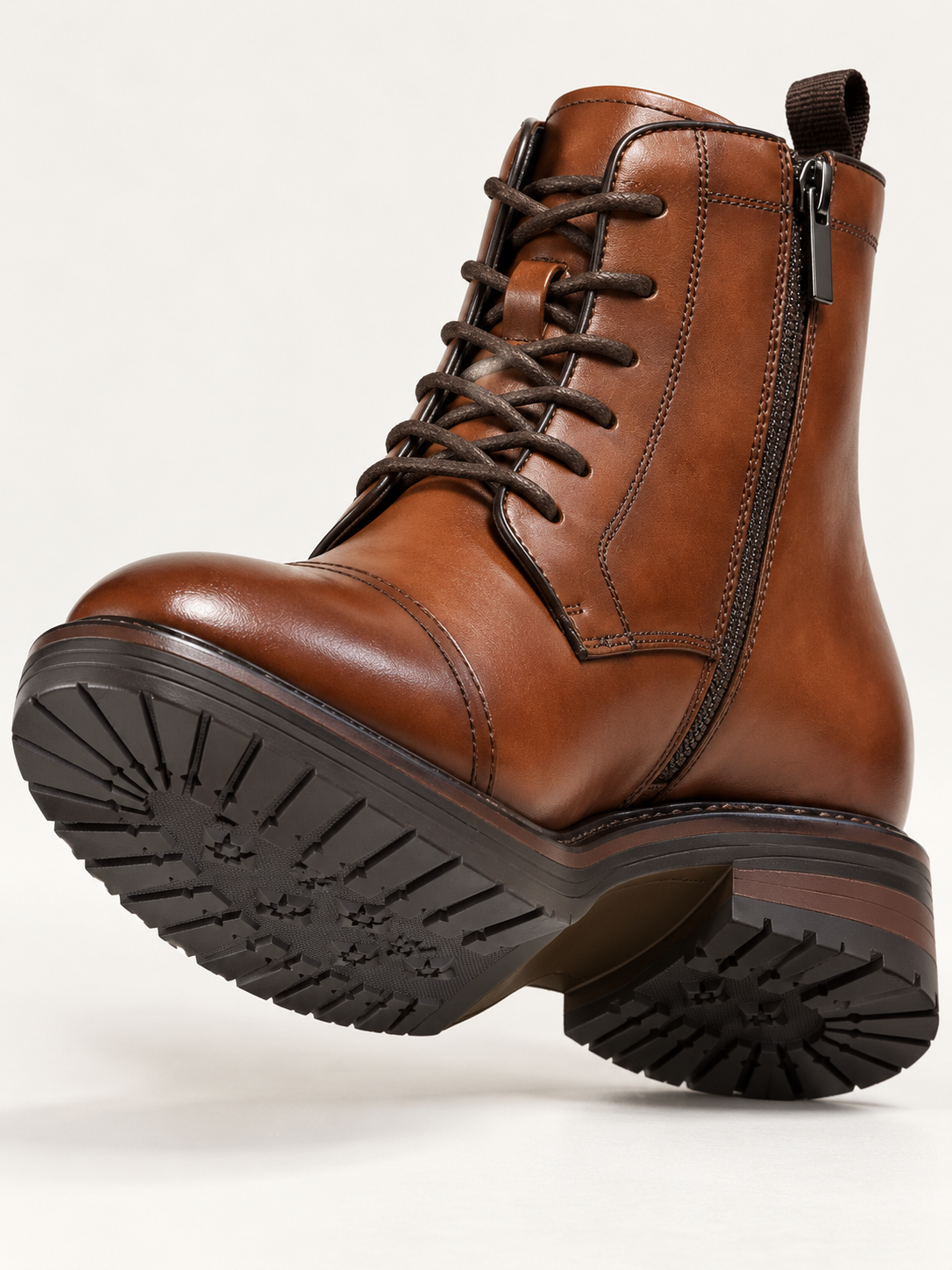 Harrison Myles 2561 brown boot close-up of toe stitching side zipper and treaded sole