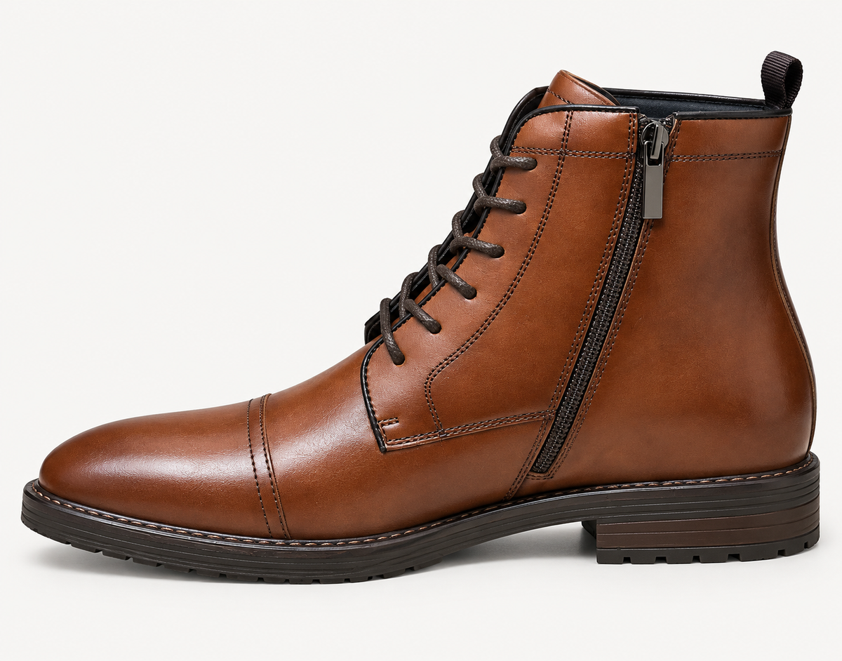 Harrison Myles 2561 brown cap-toe combat boot side view with zipper