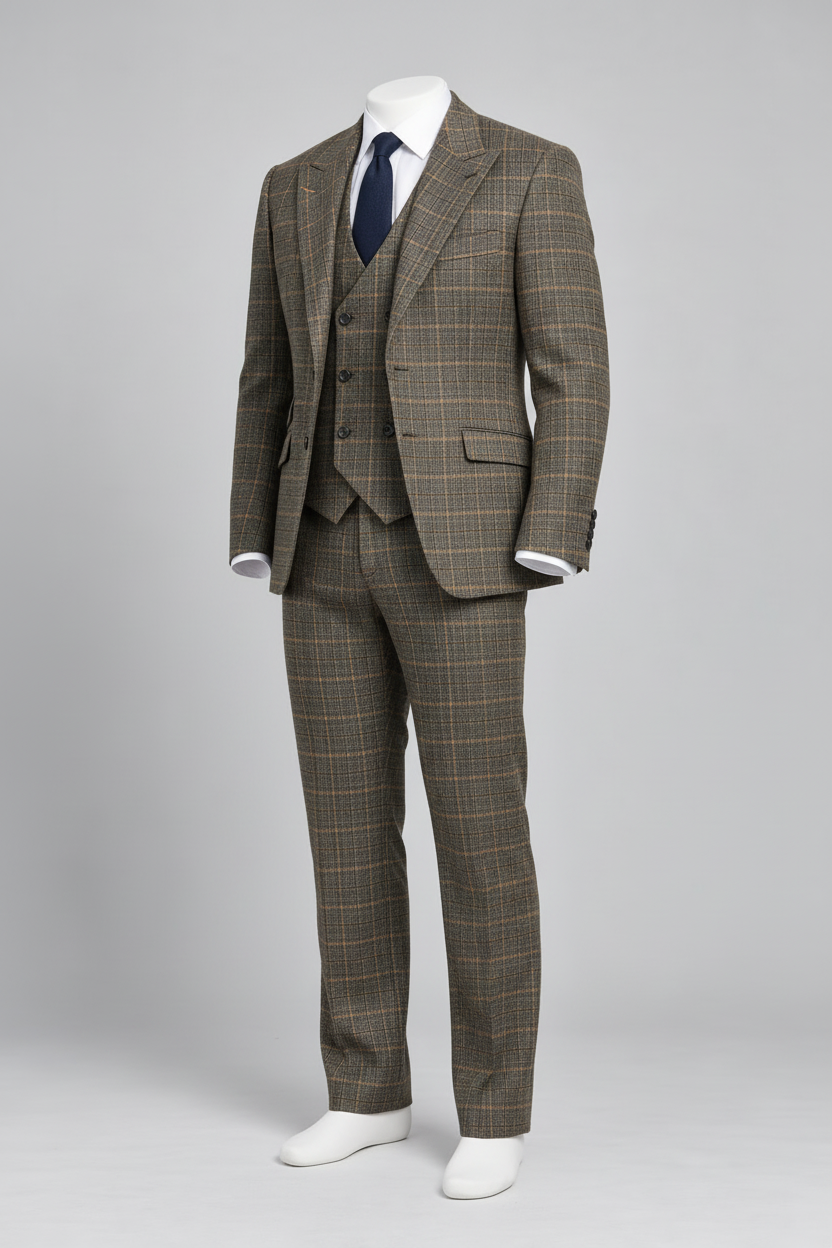 Saboo 1950 Olive three-piece windowpane plaid suit — front three-quarter view showing the peak-lapel jacket, double-breasted vest and matching trousers