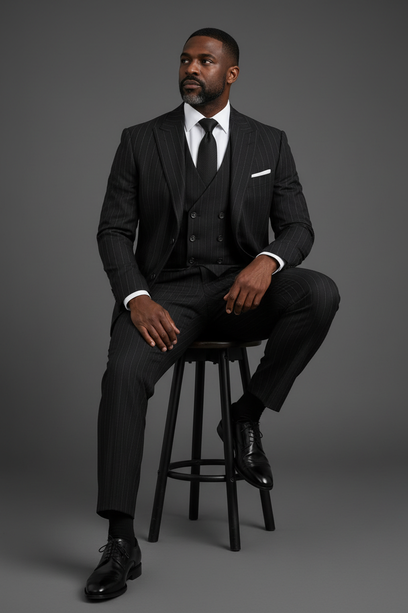 SABOO DB5200 charcoal black pinstripe suit — model seated on stool, relaxed editorial pose