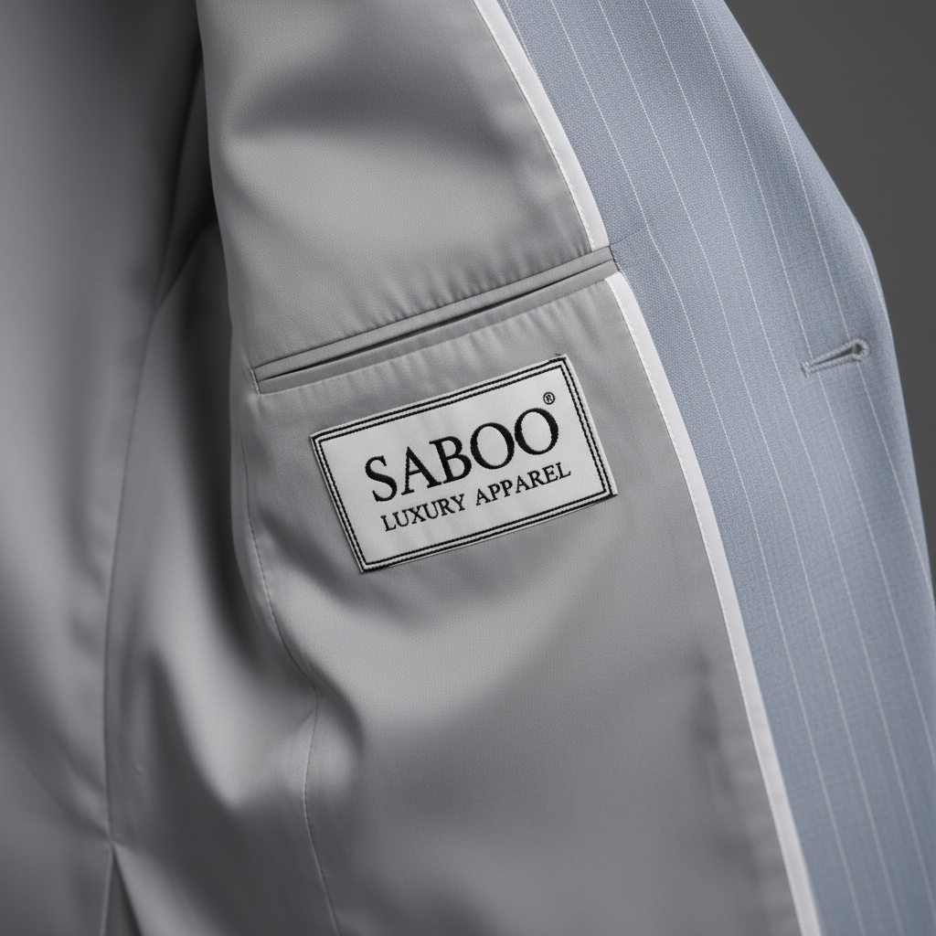 Saboo Luxury Apparel Interior Brand Label – Ice Grey Pinstripe Suit