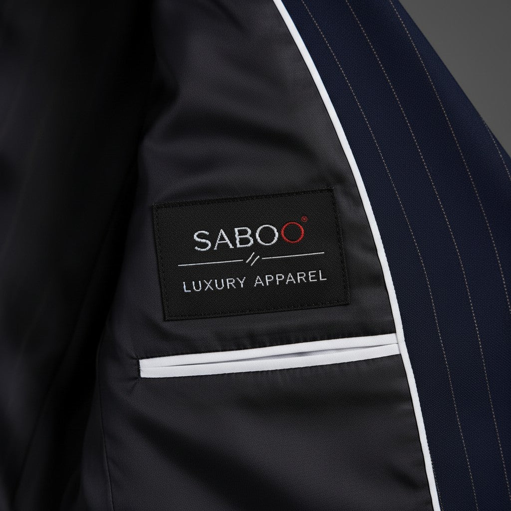 Saboo Luxury Apparel Interior Brand Label – Navy Pinstripe Suit