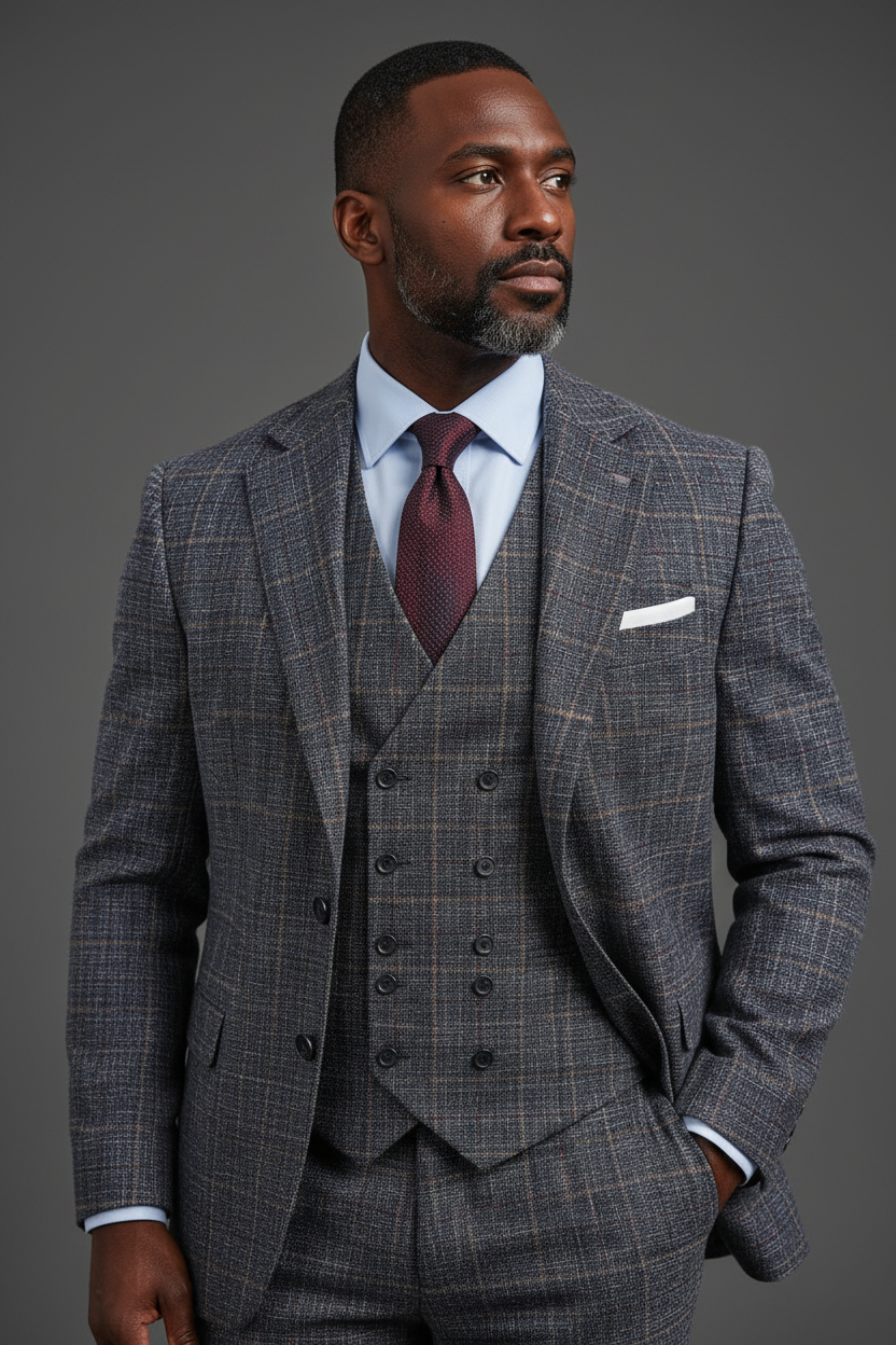 Saboo Navy Plaid 3-Piece Suit – Angled Torso View