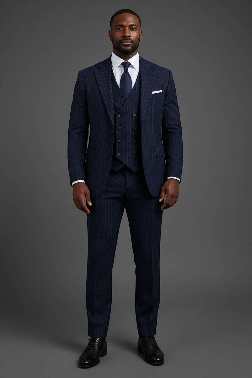 Saboo Navy Pinstripe 3-Piece Suit – Full Front Standing View