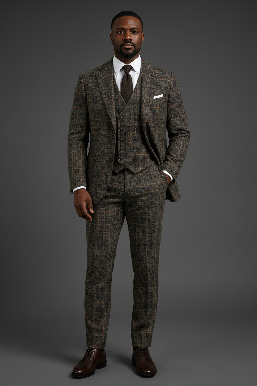 Saboo Olive Green Plaid 3-Piece Suit – Full Front Standing View