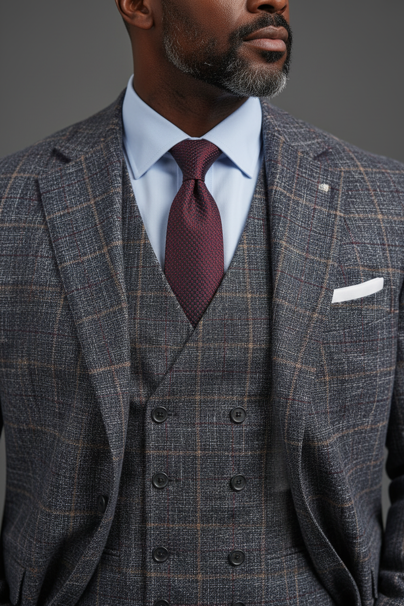 Saboo Navy Plaid 3-Piece Suit – Double-Breasted Vest Detail