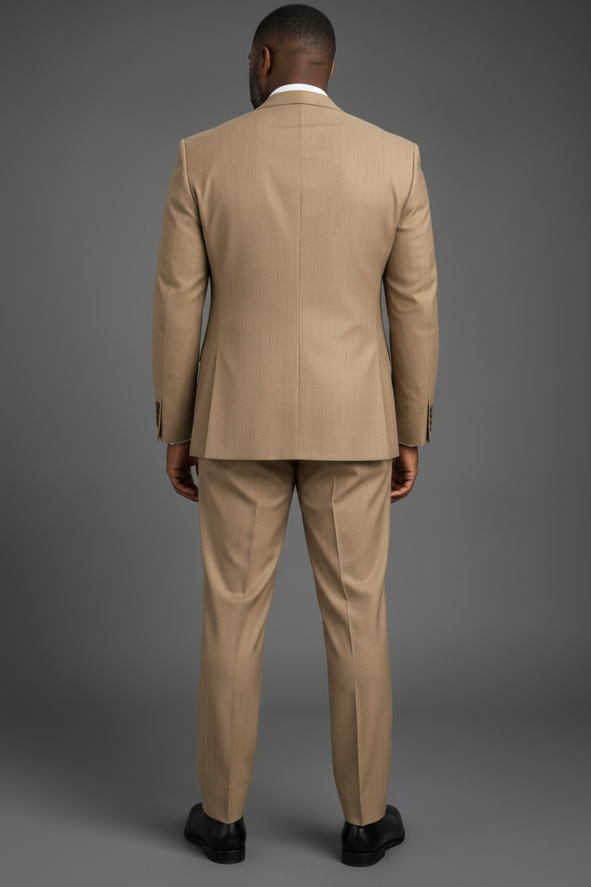 SABOO DB5200 camel tan pinstripe suit — rear back view showing jacket construction
